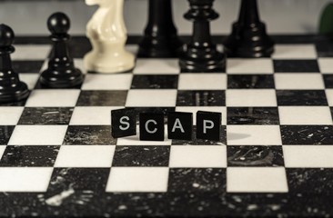 The acronym SCAP for Security Content Automation Protocol concept represented by black and white letter tiles on a marble chessboard with chess pieces