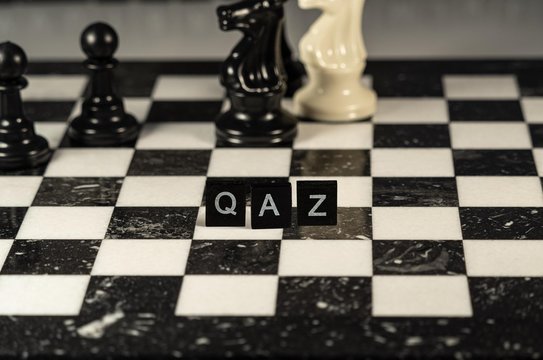 The acronym QAZ for Quick Access Zoneconcept represented by black and white letter tiles on a marble chessboard with chess pieces