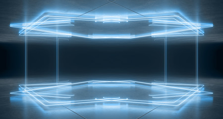 Futuristic Stage Studio CLub Sci Fi Laser Neon Classic Blue Pantone Glowing Lights With Reflections On Garage Concrete Floor And Ceiling Dark Empty Space 3D Rendering