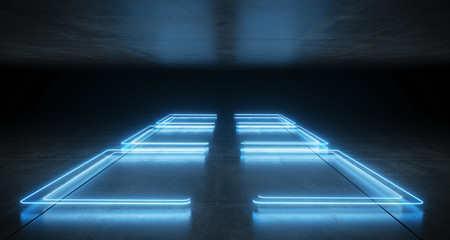 Obraz premium Futuristic Sci Fi Bracket Shaped Neon Classic Blue Glowing Lights With Reflections On Garage Concrete Floor And Ceiling Dark Empty Space 3D Rendering