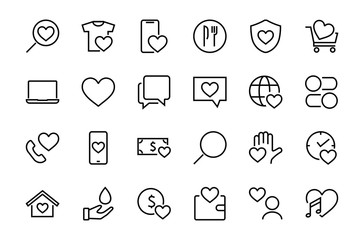  The set of icons about love contains such icons as love of music, declaration of love, heart, favorite home, Linear set. Vector on a white background. Editable stroke. 480x480