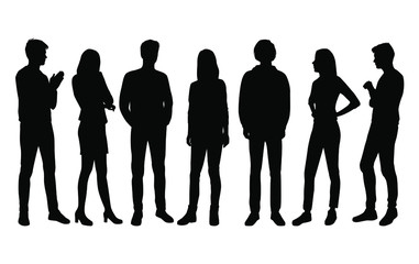 Vector silhouettes of  men and a women, a group of standing  business people, black color isolated on white background