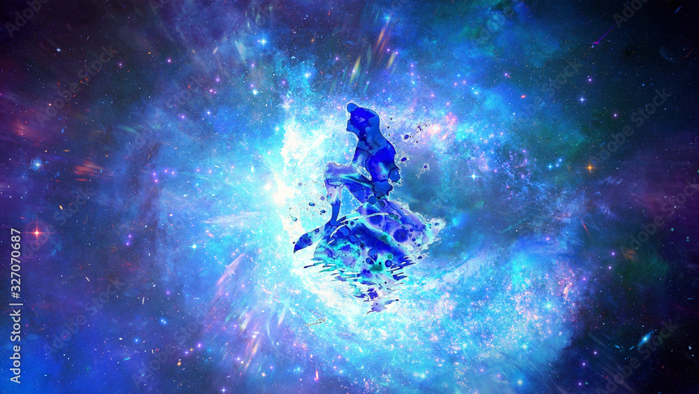 Poster abstract rendering illustration of a splash of a painted mermaid setting in an artistic multicolored