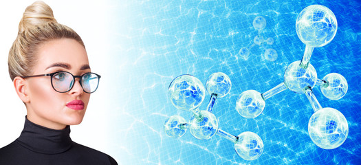 Woman in glasses looks on molecules chain in water pool background.