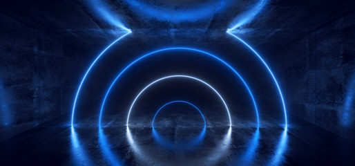 Sci-Fi Futuristic Abstract Classic Pantone Blue Neon Glowing Circle Round Shape Tubes On Reflection Concrete Floor Dark Interior Room Empty Space Spaceship 3D Rendering