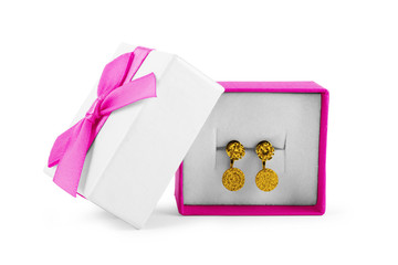 Elegant gift box with pearl earrings. Golden accessory in turquoise gift box. Beautiful gift for...