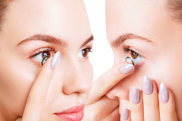 Collage of closeup view on young woman wearing green contact lenses.