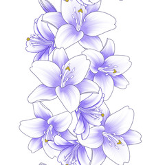Hand drawn seamless floral pattern with purple lily flowers and tropical leaves. Vector illustration. Element for design.
