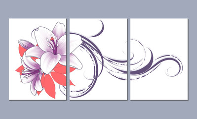 Set of three floral patterns, canvases for the design of the apartment, office, kitchen, bedroom, living room. Home wall decor. Vector floral background with hand-drawn lily flowers.