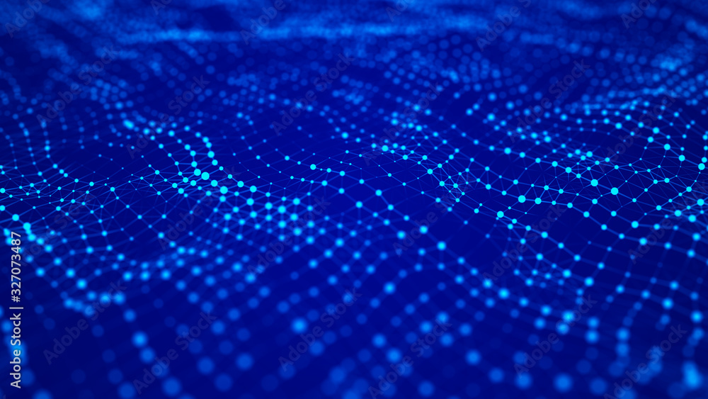 Fototapete Wave with connecting dots and lines. Futuristic blue dots background with a dynamic wave. 3d rendering.