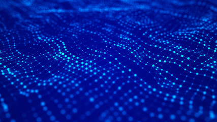 Wave with connecting dots and lines. Futuristic blue dots background with a dynamic wave. 3d rendering.