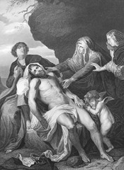 Position in the coffin of the savior by Van Dyck in the old book Des Peintres, by C. Blanc, 1863,...