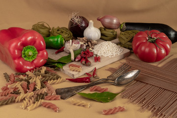 Tabla de alimentos vegetarianos, pastas, nueces.