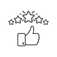 Сustomer satisfaction icon. Reputation 5 stars line icon with thumb up. Quality review with feedback template. Customer reputation concept vector illustration isolated on white background. EPS10