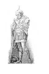 Engraving of soldier Saint Longin in the old book La Gravure, by A. Lostalot, 1896, Paris
