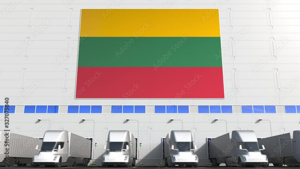 Aufkleber trucks at warehouse loading dock with flag of lithuania. lithuanian logistics related conceptual 3d 