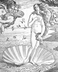 Painting The Birth of Venus (detail) by Sandro Boticcelli in the old book La Peinture Italienne, by G. Lafenestre, 1885, Paris