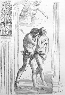 Expulsion of Adam and Eve by Mosaccio in the old book La Peinture Italienne, by G. Lafenestre, 1885, Paris