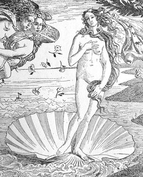 Painting The Birth of Venus (detail) by Sandro Boticcelli in the old book La Peinture Italienne, by G. Lafenestre, 1885, Paris
