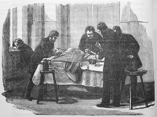 Surgeons perform an operation in the old book The Schools of Surgery, by A. Tauber, 1889, S.-Petersburg - obrazy, fototapety, plakaty