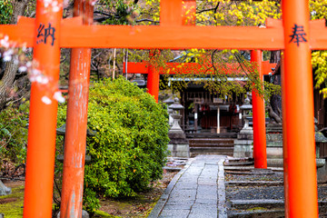 Kyoto, Japan in spring garden park and red Takenaka Inari Jinja Shrine torii gates path to temple...