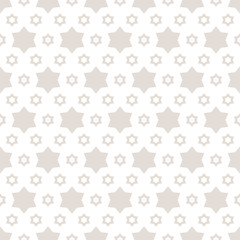 Vector geometric stars seamless pattern. Subtle vector minimalist texture with small stars, floral shapes. Abstract background in pastel colors, beige and white. Repeat design for decor, wallpapers