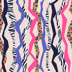 Vector zebra and leopard seamless geometric pattern design with stripes. Colorful fashion animal print