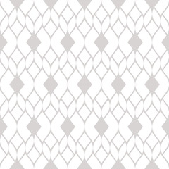 Fototapeta premium Vector geometric mesh seamless pattern. Subtle abstract ornament in gray and white colors. Texture with delicate grid, lace, net, weave, tissue, knitting. Silver ornamental background. Repeat design