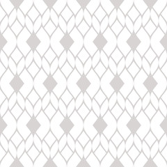 Vector geometric mesh seamless pattern. Subtle abstract ornament in gray and white colors. Texture with delicate grid, lace, net, weave, tissue, knitting. Silver ornamental background. Repeat design