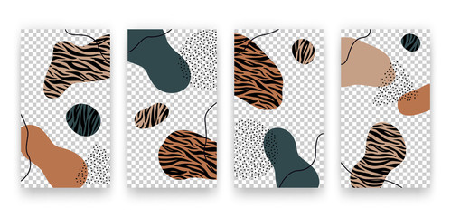 Vector set of design templates for social media stories. Abstract creative backgrounds with zebra animal pattern and geometric fluid elements in minimal trendy style