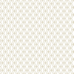 Fototapeta premium Vector golden mesh seamless pattern. Subtle abstract geometric ornament texture with thin curved lines, delicate mesh, net, grid, lattice, lace. Gold and white luxury background. Repeat design element