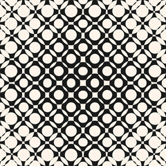 Vector geometric halftone seamless pattern with circles, crossing shapes, mesh, grid, lattice. Abstract black and white texture. Radial gradient transition effect. Trendy modern monochrome background