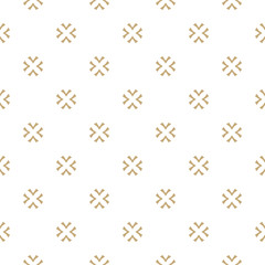 Vector gold and white texture. Abstract minimalist seamless pattern with crosses, snowflakes, floral shapes. Luxury minimal geometric background. Elegant design for decoration, fabric, gift paper