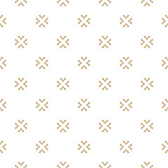 Vector gold and white texture. Abstract minimalist seamless pattern with crosses, snowflakes, floral shapes. Luxury minimal geometric background. Elegant design for decoration, fabric, gift paper