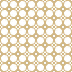 Vector golden geometric seamless pattern. Simple figures, rounded grid, lattice, crosses, stars, floral silhouettes. White and gold ornament texture. Elegant abstract background. Decorative design