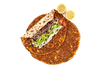 Turkish pizza, lahmacun, isolated on white background