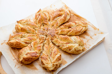 Preparation of savory pie with salmon