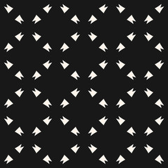 Simple vector seamless pattern with crosses, triangular shapes, flower silhouettes, grid, mesh. Abstract black and white minimal geometric texture. Repeat monochrome background. Stylish dark design