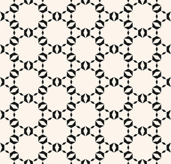 Vector black and white seamless pattern. Monochrome geometric ornament with small shapes, hexagonal grid, lattice, net. Luxury ornamental background. Abstract texture. Repeat design for print, decor