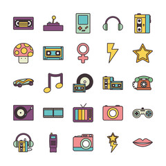 retro line fill style icon set vector design