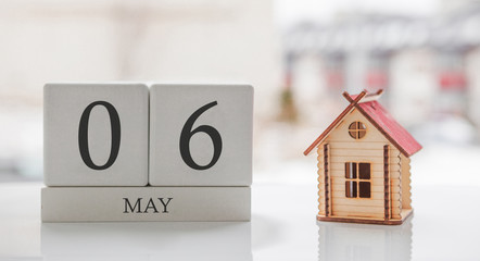May calendar and toy home. Day 6 of month. Card message for print or remember