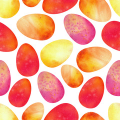 Colorful Easter eggs on a white isolated background. Seamless patterns. Watercolor