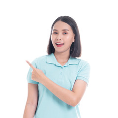 Happy cute smiling beautiful young Thai Asian  Looking camera showing copy space pointing something she wearing a pink T-shirt, isolated over white background, - success concept