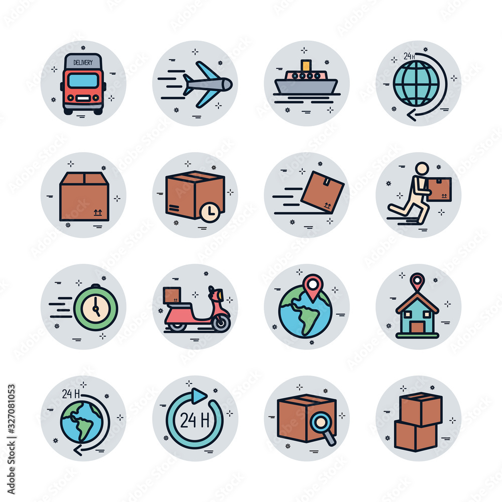 Poster isolated delivery fill block style icon set vector design