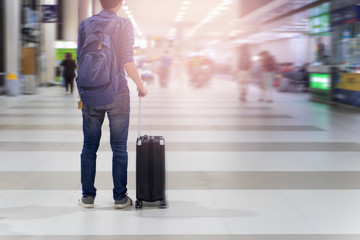 luggage holder on suitcase or bag with TRAVEL INSURANCE ,traveling luggages in an airport terminal,before passenger  and plane flying over sky,Can be used for montage or display your products