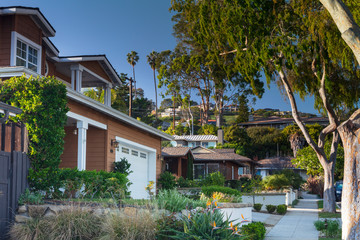 Fototapeta na wymiar A view of California home down a sidewalk with custom garden landscaping