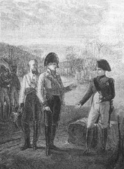 Fototapeta na wymiar Meeting of Emperor Franz II and Napoleon at Austerlitz. From Prudhon's painting in the old book The History of Napoleon I, by Peer, 1893