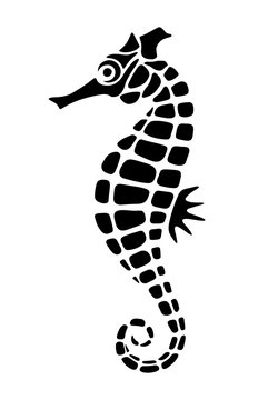 Vector black silhouette of a seahorse isolated on a white background.
