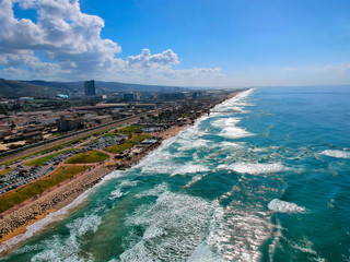 Carmel beach Haifa and the hotels areal shot from the sea 