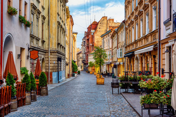 Fototapeta na wymiar A street in historical Old town of Lviv, Ukraine